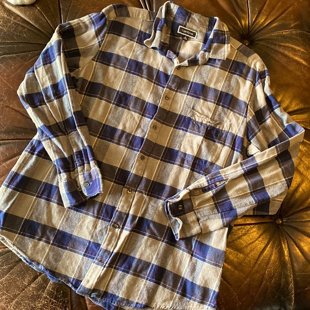 Dark blue and grey flannel button down shirt